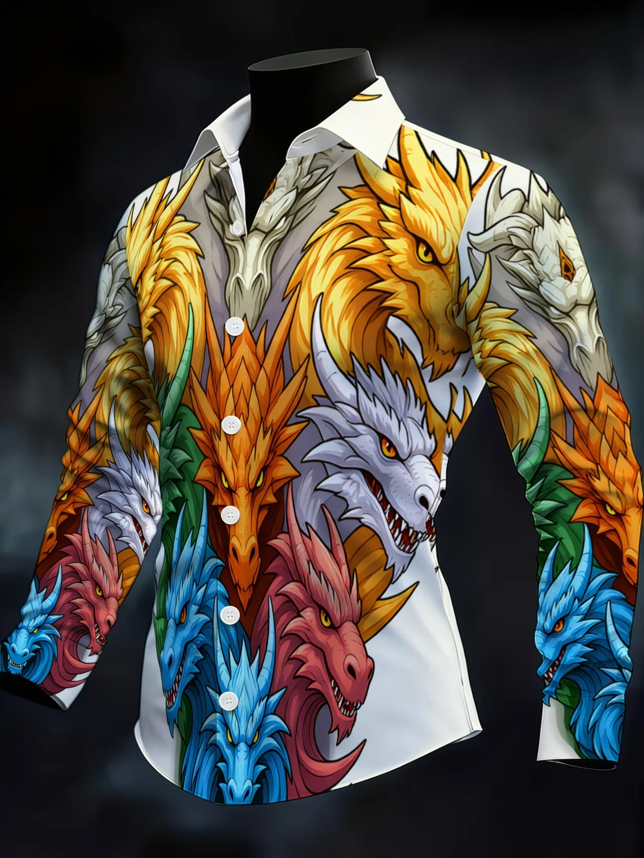 

Новая цветная мужская рубашка с длинным рукавом и принтом в виде головы дракона, персонализированная, приталенная, повседневная, с цветочным узором.