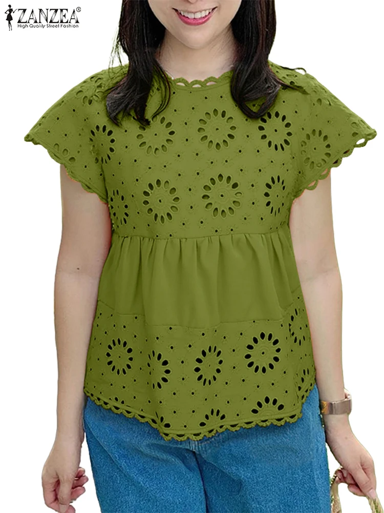 Women Lace Tops Summer Vintage Hollow Out Blouse Fashion Short Sleeve Tunic Solid Pullovers Casual Loose Blusas 2025 ZANZEA