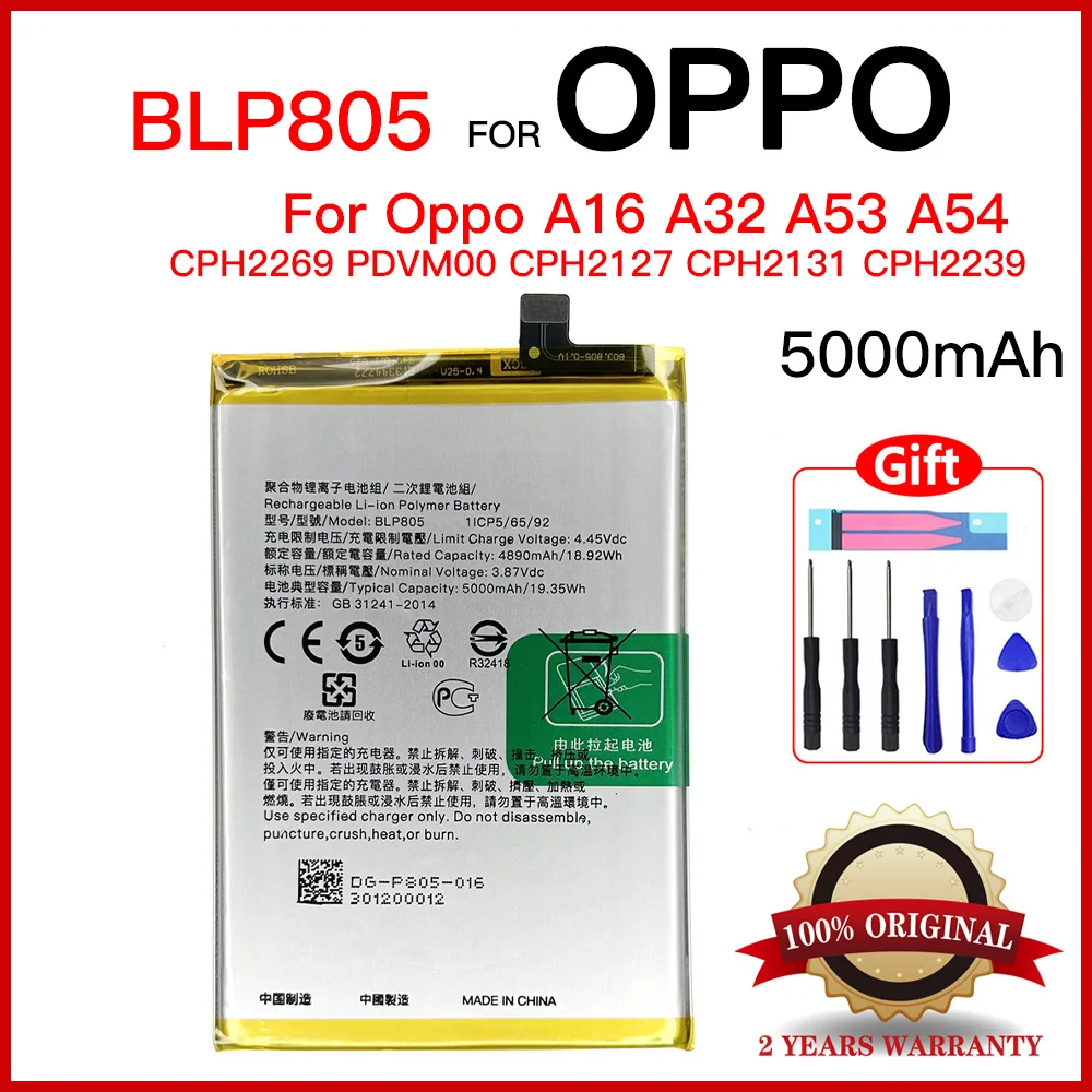 Genuine 5000mAh Replacement Battery For OPPO A53 2020 A32 A54 A74 A53S A16 A16S Phone BLP805 Mobile Phone Batteries+Tools