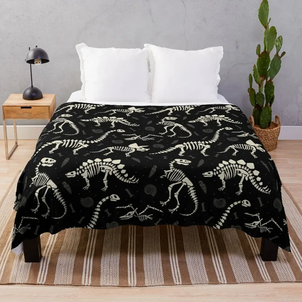 

Dinosaur Fossils in Black Throw Blanket Heavy Quilt Vintage Bed linens Comforter Blankets