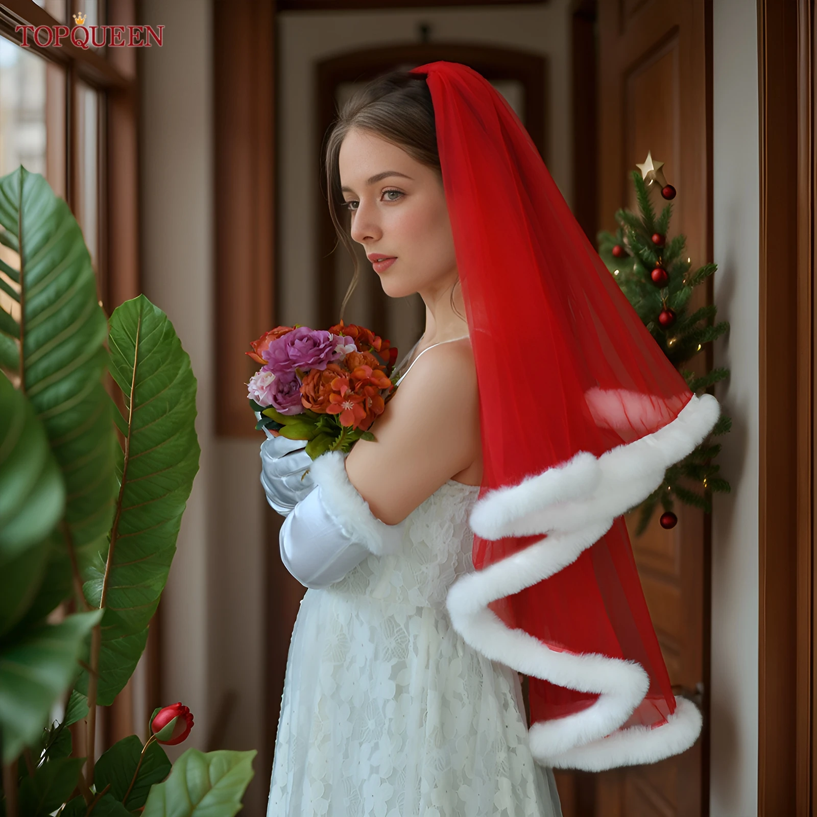 

TOPQUEEN V257 красная рождественская фата с необработанными краями для свадьбы, 2-слойная вечерние подарочная крышка, кончики пальцев, фата, аксессуары, настраиваемая
