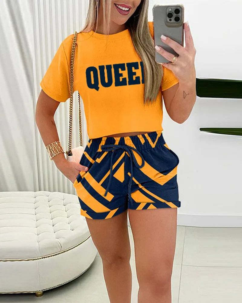 Letter Printed Two-piece Women's Casual Round Neck Printed Short-sleeved Two-piece Top T-shirt Lace-up Shorts Suit