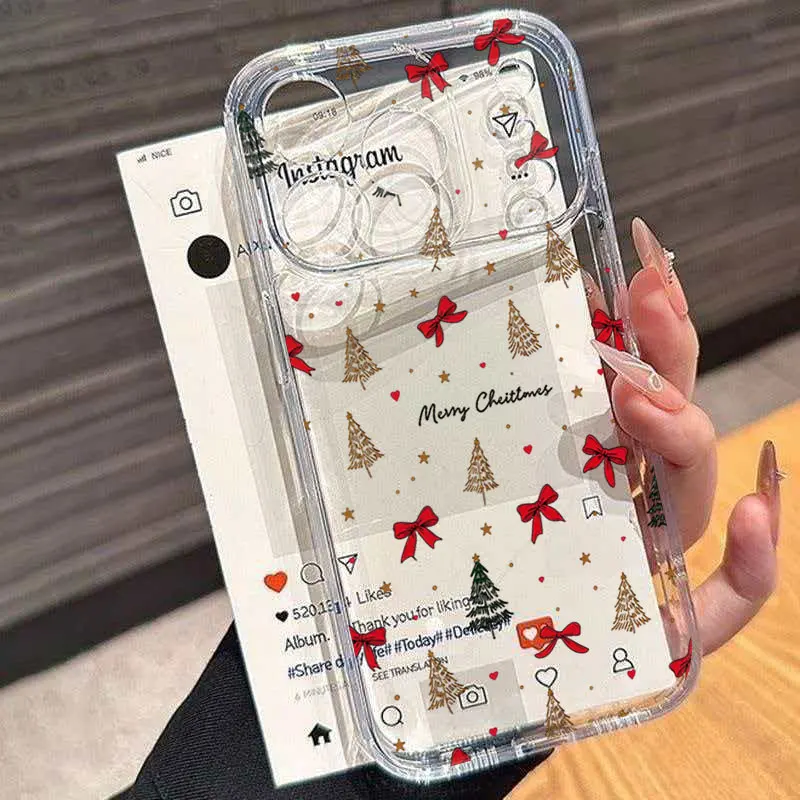 Funda transparente para iPhone 11, 12, 13, 14, 15, 16, 17 Pro, 18 Pro Max, 16E, Air, X, XS, XR, 7, 8 Plus, SE2, con diseño de lazo rojo navideño y protección contra golpes.