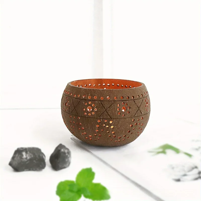 1PC Hollow Pattern Coconut Shell Candle Bowl Coconut Shell Candle Holder Creative Holiday Decoration Table Decoration