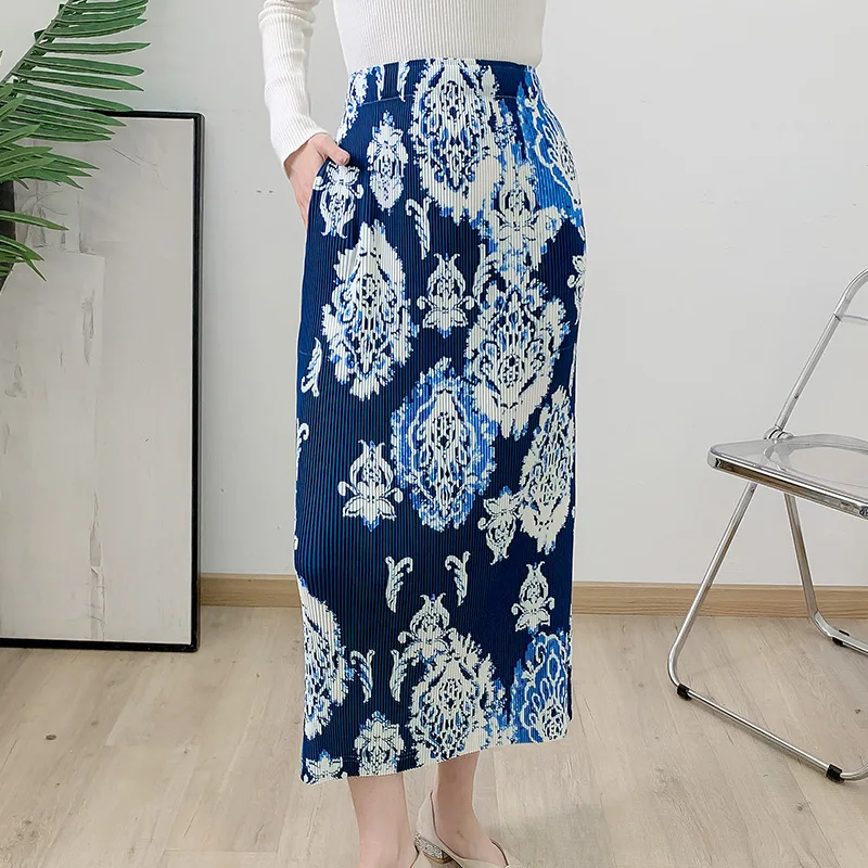 MIYAKE Blue and White Porcelain Skirt for Women New Style Spring and Autumn Irregular Chinese Style Pleated Micro A-line Skirt