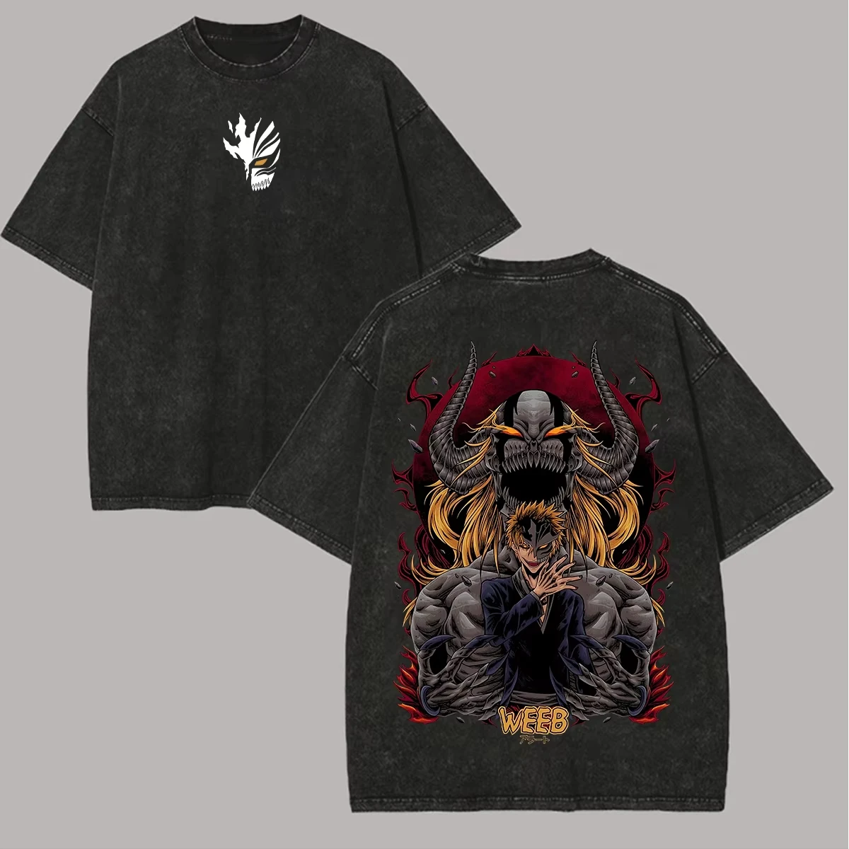 Bleach Ichigo Kurosaki T-Shirt Japanese Kanji Vintage Washed Anime Graphic Printed Cotton Oversized Men Women Unisex Streetwear