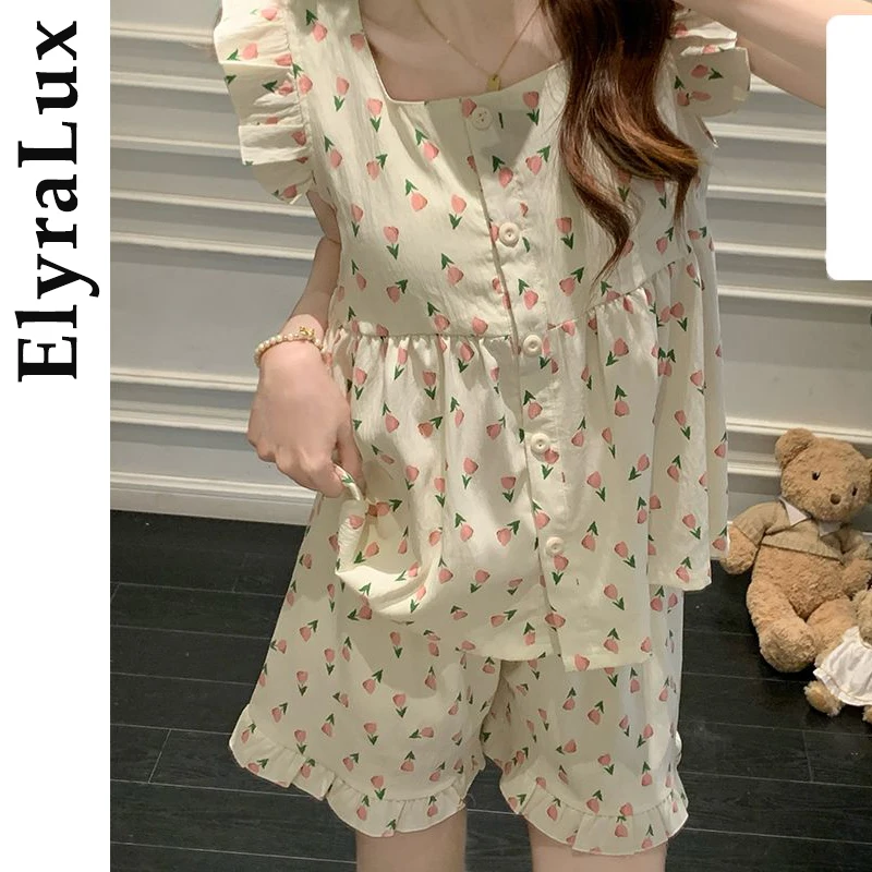 

ElyraLux Summer Pajama for Women with Chest Pad Short Sleeve Top Shorts Sweet Cute Print Pijama Two-Piece Sets Home Cloths ﻿