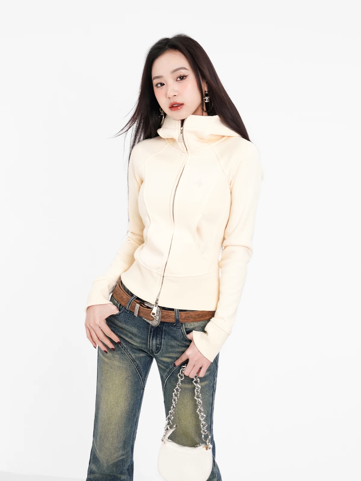 

American Retro Hoodie Women 2024 Autumn/winter New Embroidered Plush Spicy Girl Waistband Slimming Zippered Casual Coat D7LZ