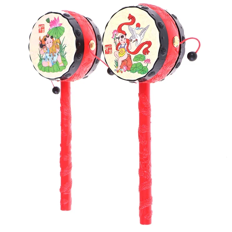 1Pc Chinese Traditionele Spin Speelgoed Rammelaar Drum Cartoon Hand Bell Voor Baby Cadeau Nieuw