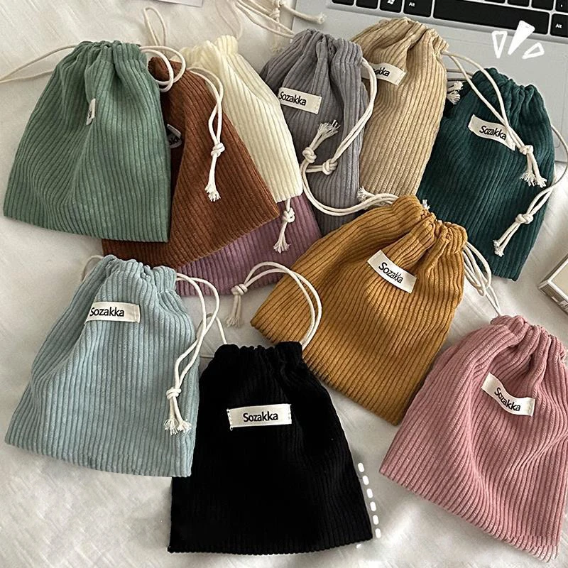 1 Stuk Effen Kleur Corduroy Drawstring Cosmetische Tassen Kerst Cadeau Pakket Opbergtas Hoge Kwaliteit Lippenstift Candy Organizer Zakje