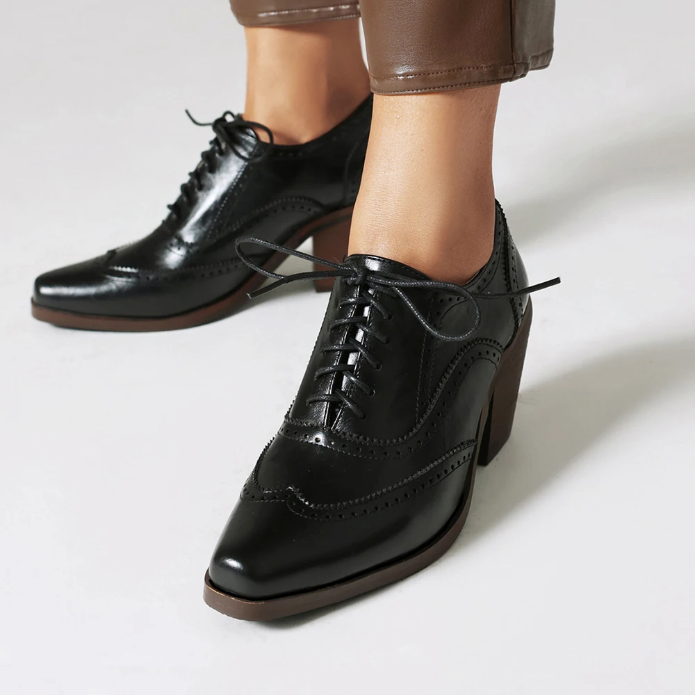 Retro Bullock Strap high heels Womens Lace up Pumps Pointed Toe Tapered Heel Shoes Brown Embroidery Motorcycle Boots Female/Male