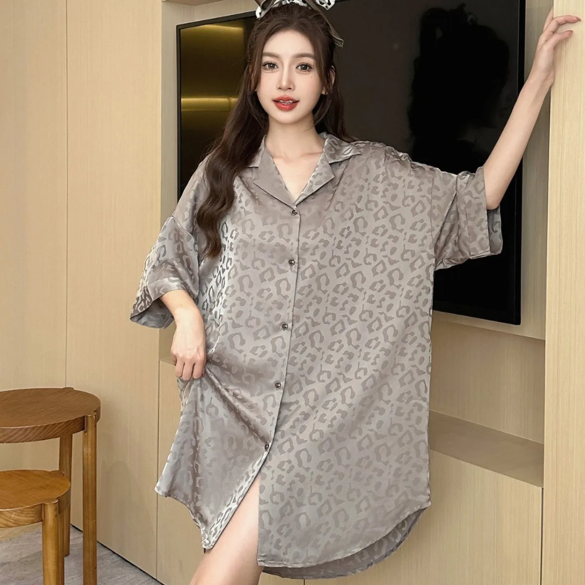 Lapel Nightgown Women Sleepwear Soft Satin Sleep Dress New Summer Leopard Print Home Dress Loose Intimate Lingerie Nightwear 3
