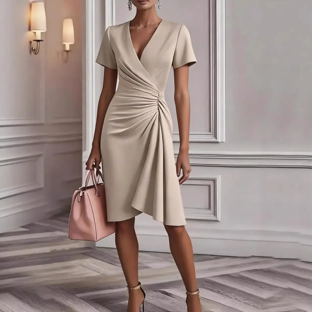 Elegantes Kurzarm-Midikleid für Damen Sommer 2026 Mode Einfarbig V-Ausschnitt Schlanke Kleider Casual