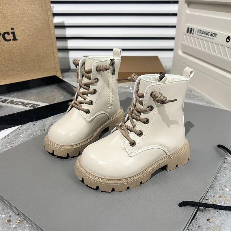 

2025 New Girls Leather Boots Autumn Simple Children Causal Boots for School Kids Fashion Platform Boots Black Beige Versatile