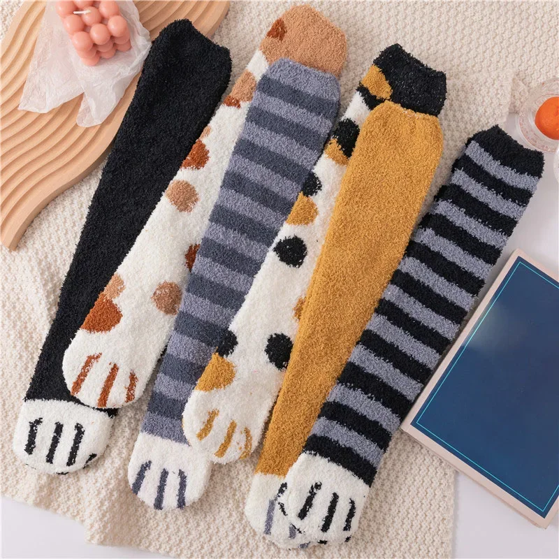Katzenpfote Wintersocken Damen Lange Streifen Niedlicher Bodenschlaf Dicke Mädchen Cartoon Tierfinger Warme Socken Für Frauen Katzenfuß Knie