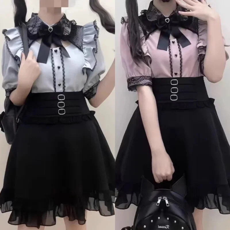 

Bow Lace Tops&Tees Dresses Y2K Aesthetic Kawaii Summer Japan Lolita Long Sleeve Off Shoulder Button Lace Pullover Shirt Tee New