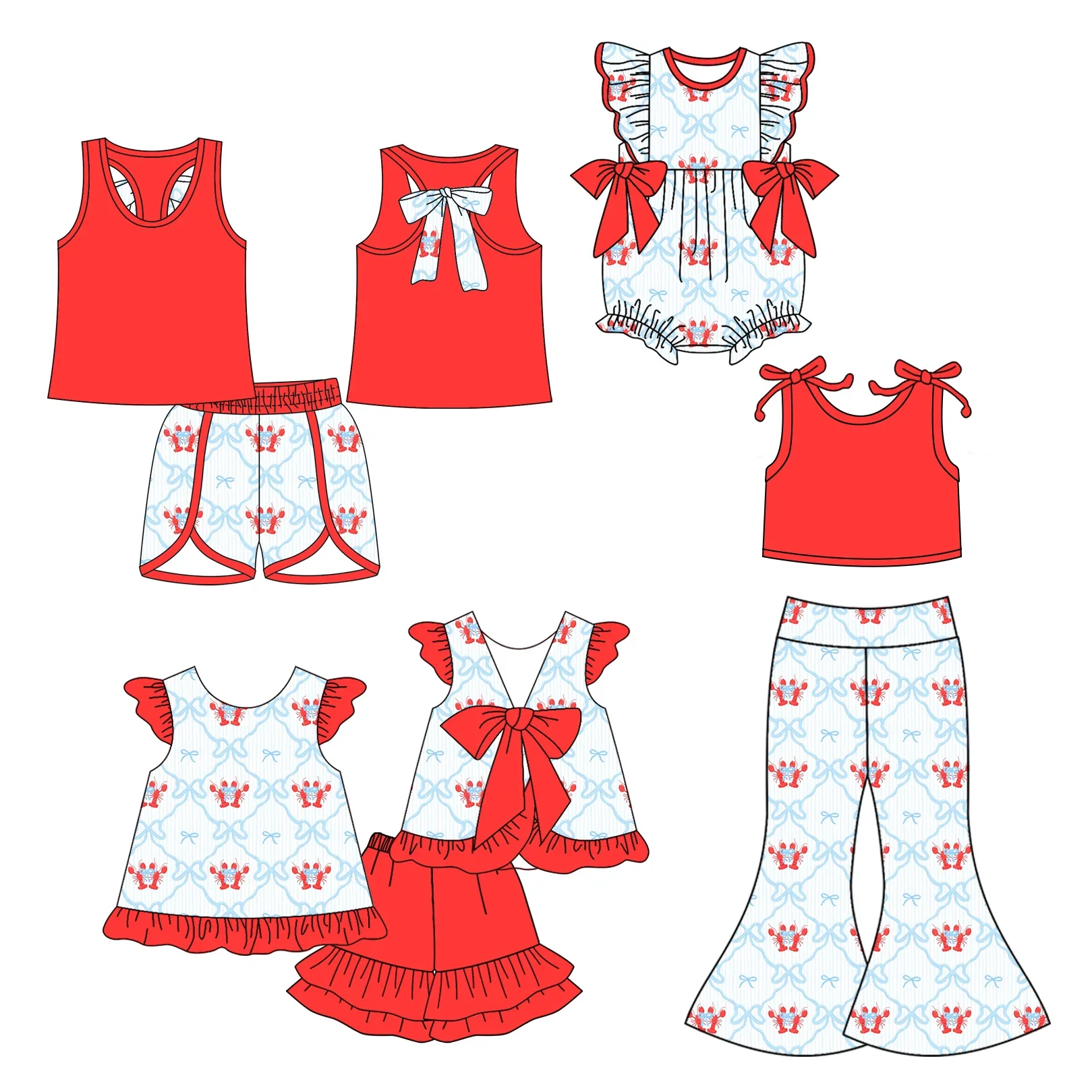 

Boutique Red Nautical Casual Clothes Toddler Girl Lobster Print Outfit Ruffle Sleeve Romper Tank Top Shorts Flare Pants Set