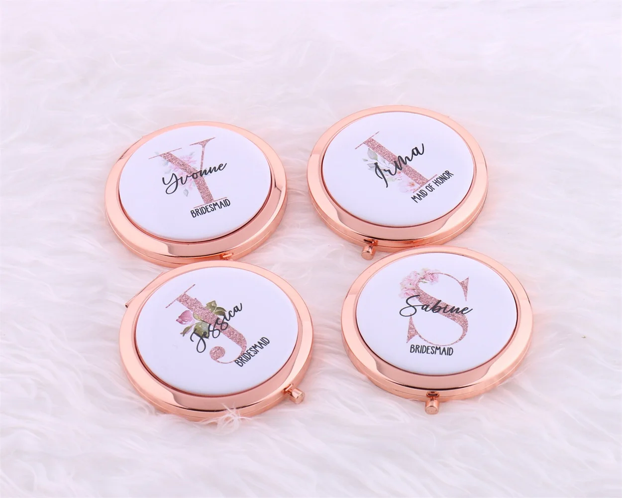 Personalized Rose Gold Initial Compact Mirror Name Date Bachelorette Party Gift Bridal Shower Wedding Floral Alphabet Junior Bri