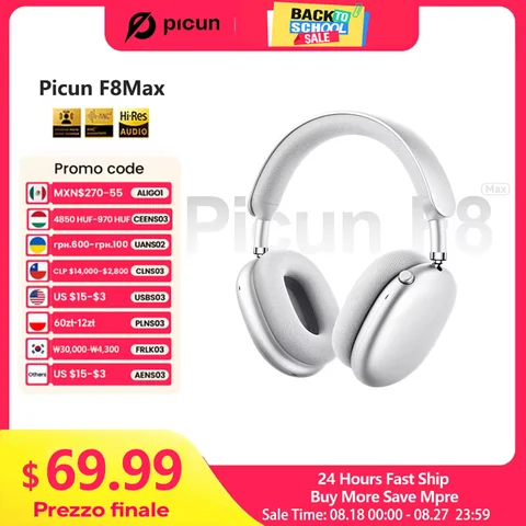 Picun f8max anc fone de ouvido sem fio 59db híbrido ativo cancelamento ruído áudio espacial fone bluetooth 6.0 sobre a orelha fone 180h