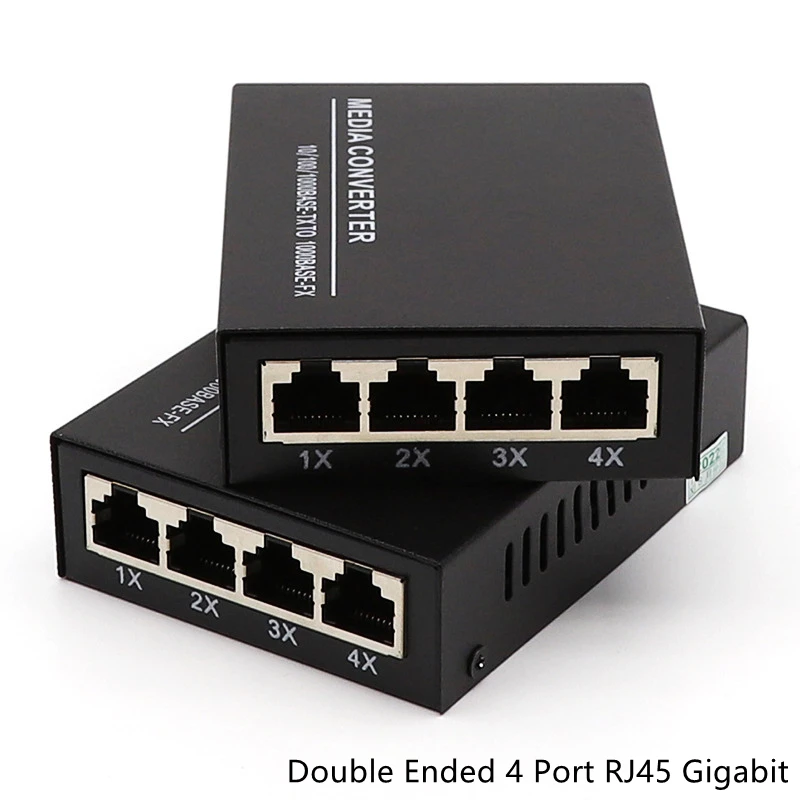 HTOC Double Ended 4 Port RJ45 Gigabit Ethernet Fiber Media Converter Built-in UTP Module SC 10/100/1000M Single Mode (3KM)