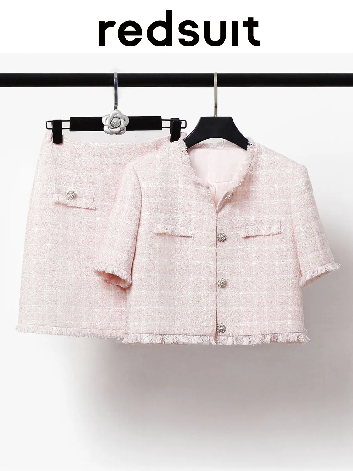 New Sweet tassel pink plaid light and thin coarse tweed short sleeved+half skirt set Can customize size