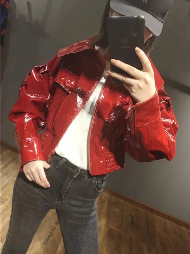 Spring New Fashion Glossy Genuine Leather Red Jacket Women Punk Zipper Slim High Waist Streetwear Hip Hop Sheepskin Short Coat