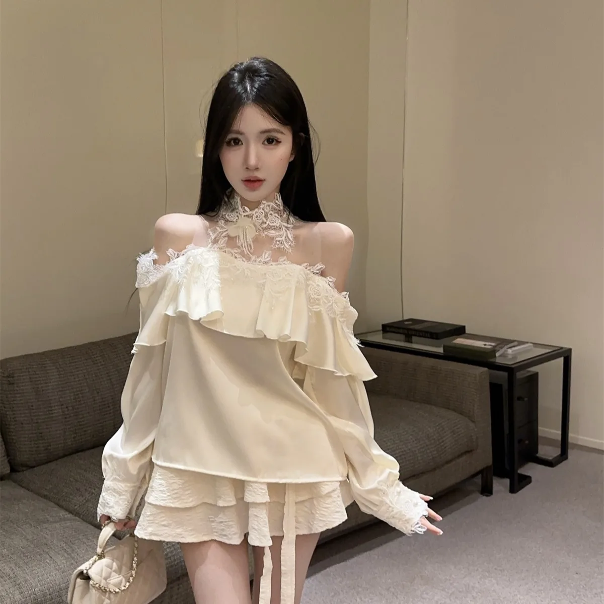 Sweet Embroidered Tulle Ruffle Lace irt And Cake Skirt Women's Set Autumn New Sle Long Sve One oulder Faion Ensemble