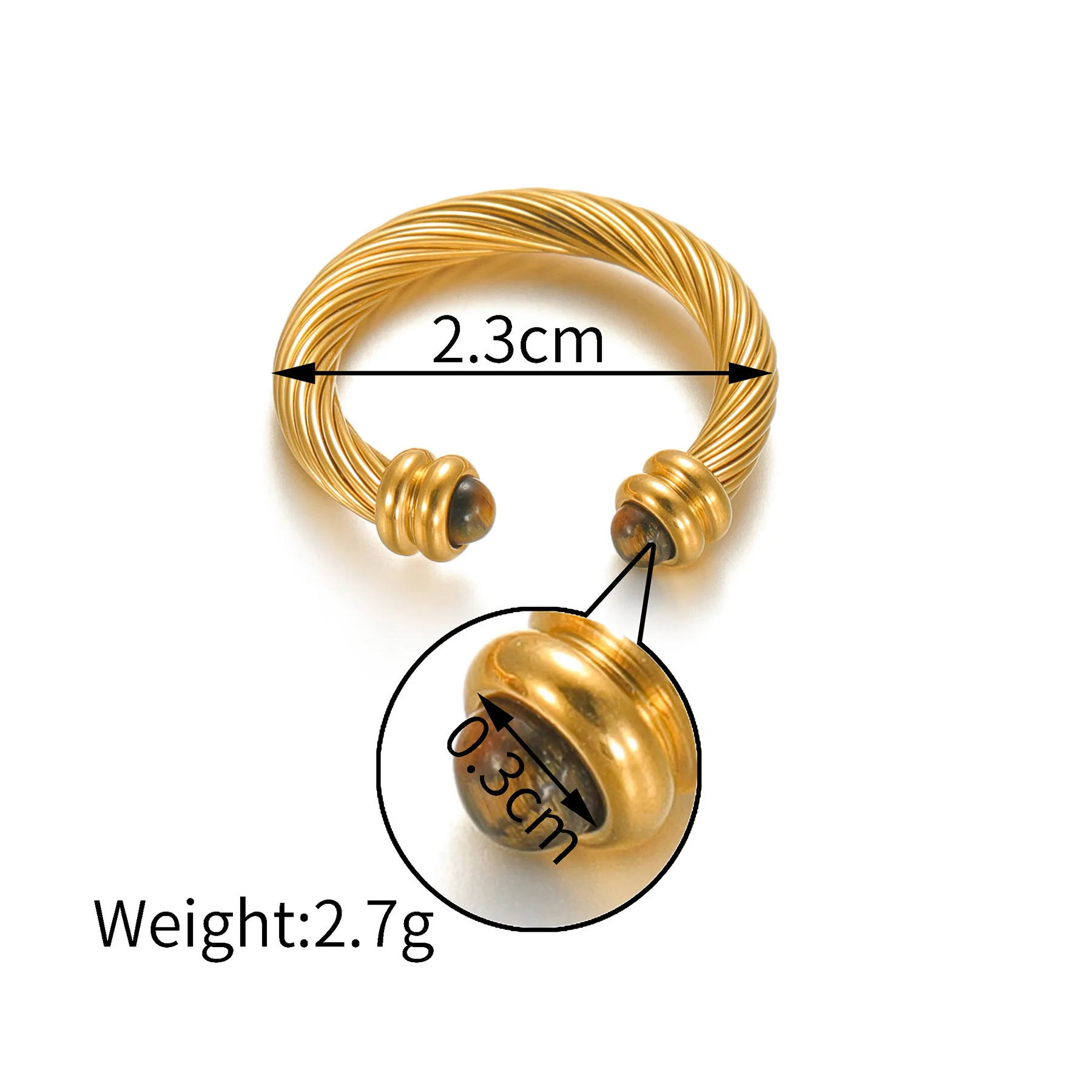 Seakissky 18k Gold Plated Stainless Steel Natural Stone Metal Texture Twisted Thread Ring Punk Tarnish Proof Women Jewelry Gift