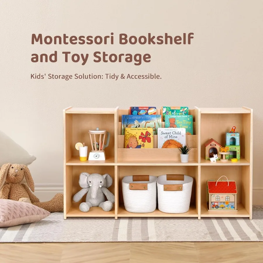 رف كتب مونتيسوري ومنظم تخزين الألعاب رف كتب أفقي من طبقتين مع رف كتب متكامل بتصميم 5 حجرات لـ Cla