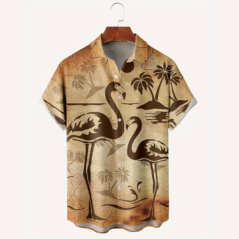 

2024 New Men's Hawaiian Shirt Sand Beach Flamingos Palm 3D printed short sleeve Aloha Shirt Summer fashion casual loose top