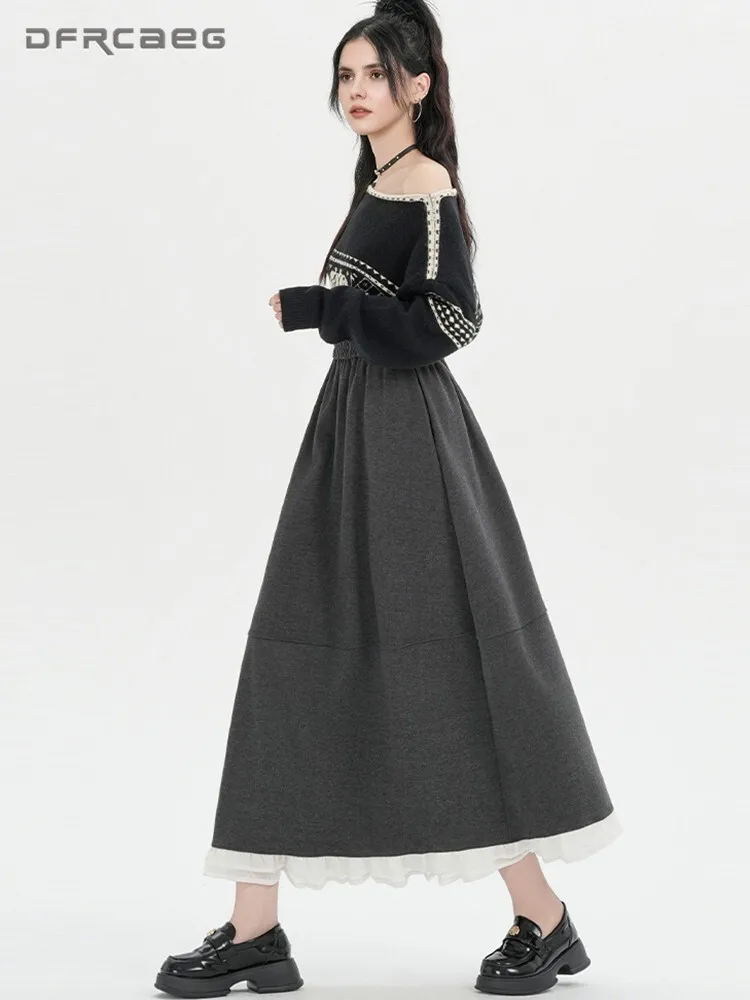 

Корейский стиль, кружевная лоскутная шерстяная длинная юбка для женщин, повседневные свободные большие качели с высокой талией, зимние юбки трапециевидной формы для женщин