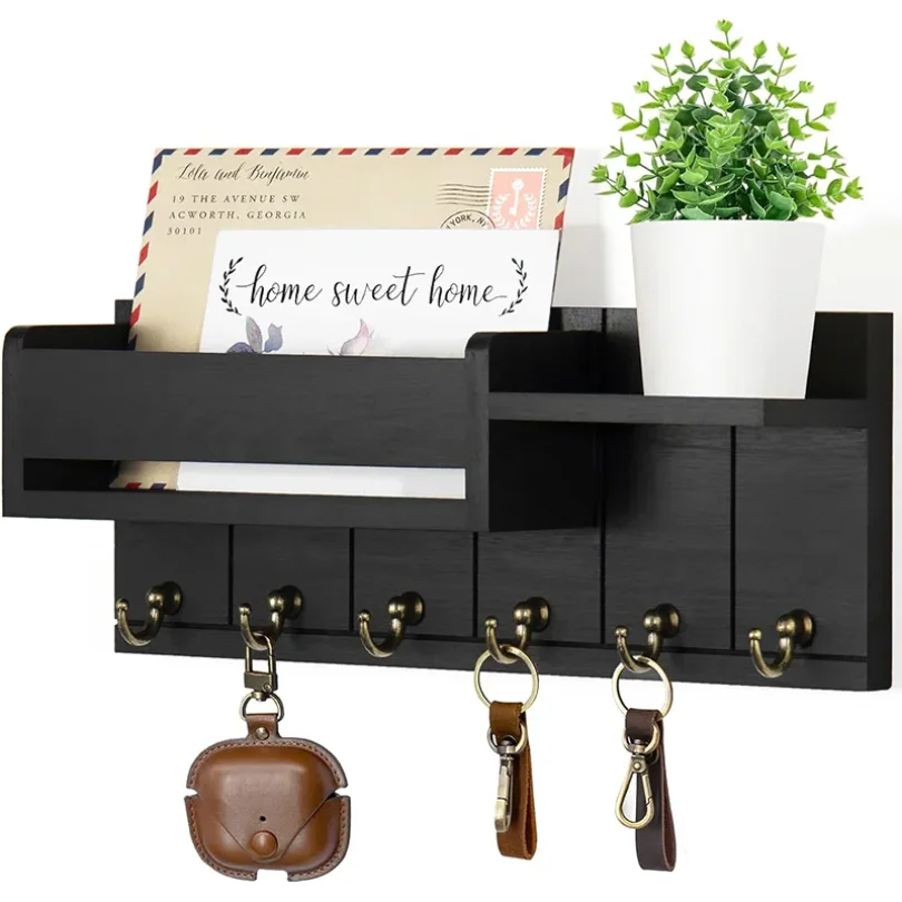 Estante decorativo para llaves, estante de madera para llaves montado en la pared y organizador de correo con 6 ganchos para llaves, práctico estante de almacenamiento para la entrada de la sala de estar