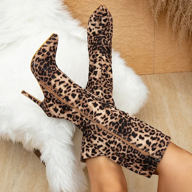 New Women Leopard Print Boots Fashion Knee-High Pointed Toe Thin High Heels Shoes Zipper Long Booties Fashion Show Autumn Winter