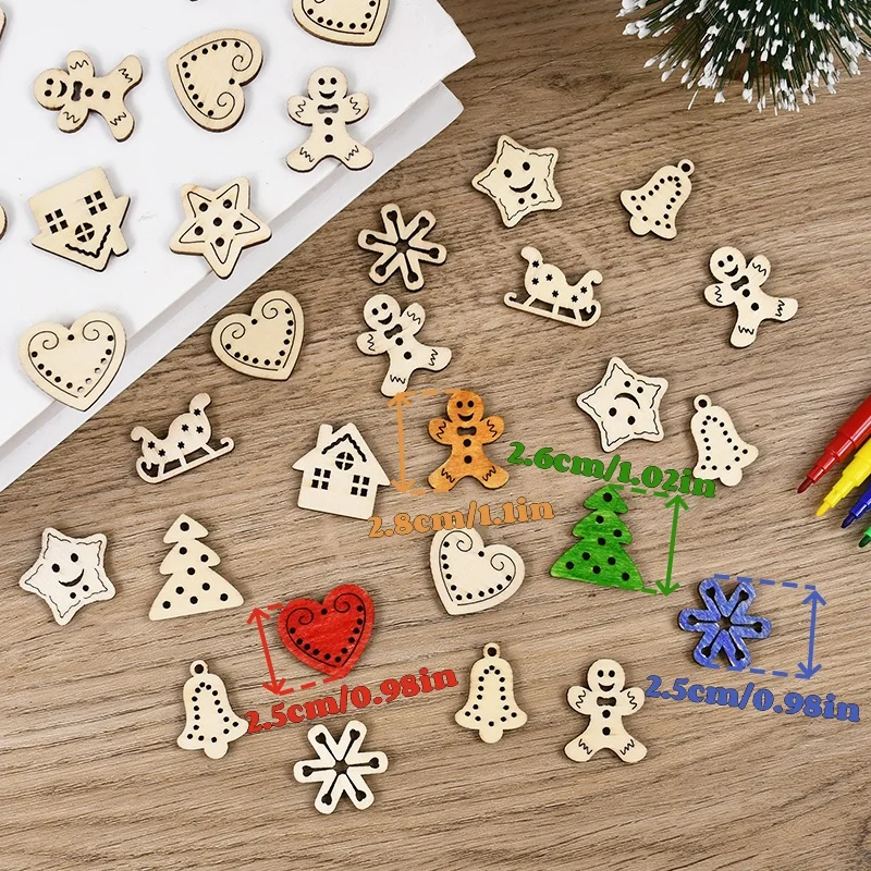 

50pcs Christmas Hollow Sheet Wood Pendants Christmas Themed DIY Painting Accessories Random Mix Wooden Craft Navidad Noel Decor