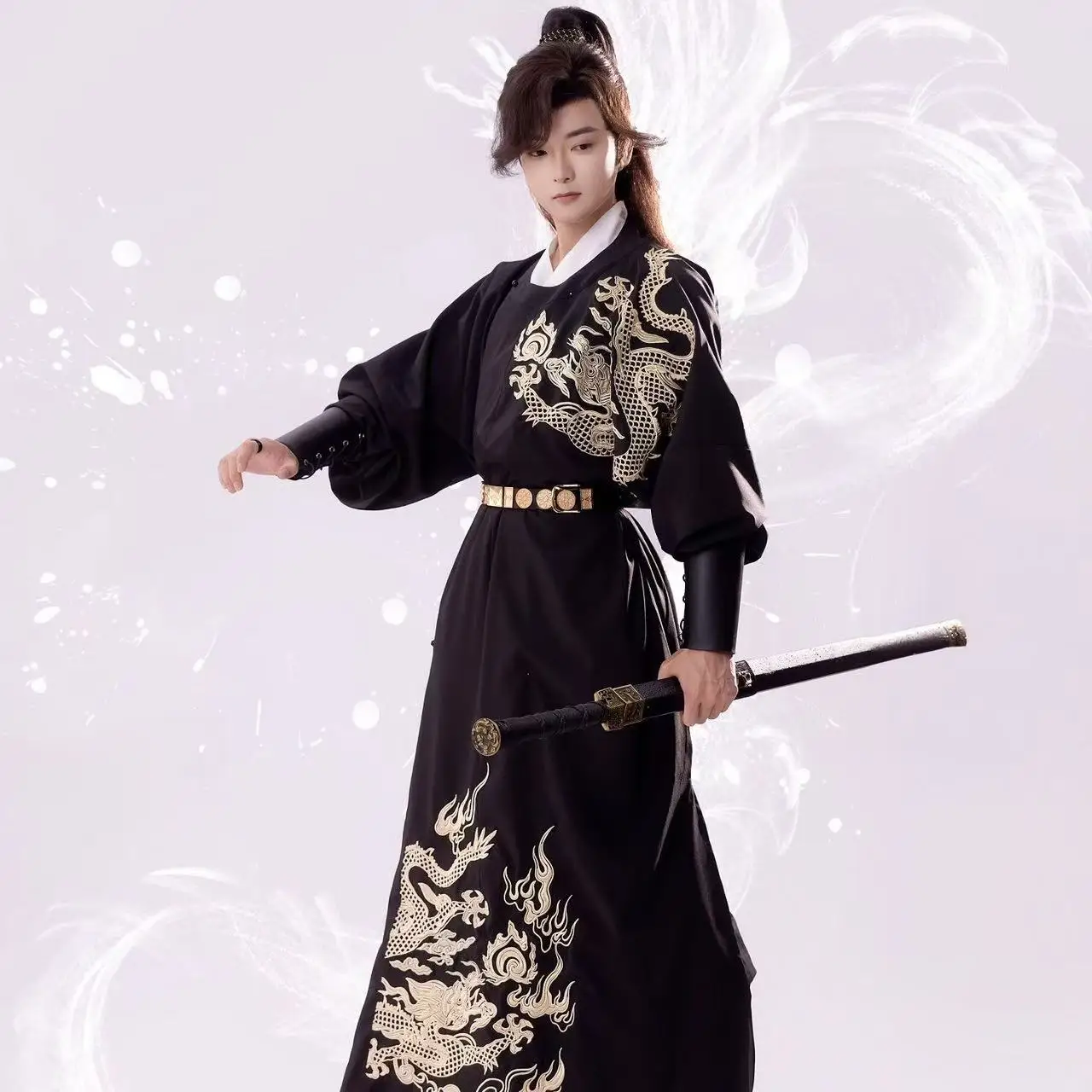 Ancient Sewed Dragon Embroideries Hanfu Men's Traditional Tang Dynasty Round Neck Robe Halloween Event Prince Cosplay Stage Suit