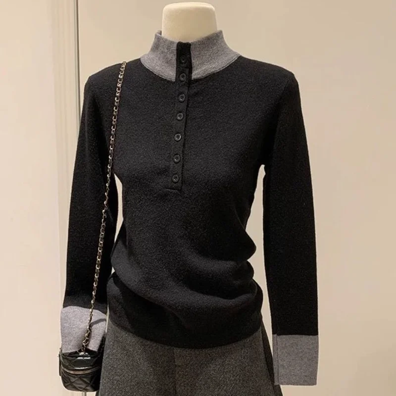 

Contrast Color Half Turtleneck Single Breasted Patchwork Sweater for Women Slim Bottoming Shirt Top for Women