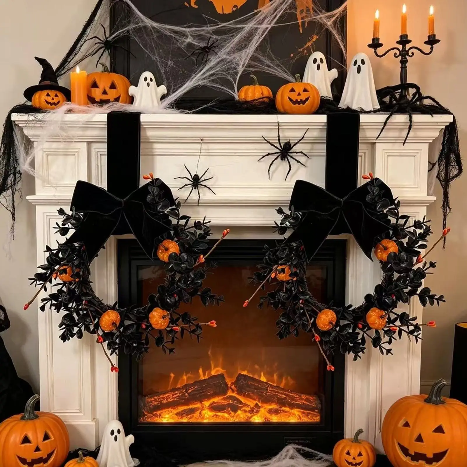 9-inch Black Halloween Wreath Spooky Wreath For Halloween Halloween Pumpkin Wreath For Front Door Autumn Decor With Black Velvet