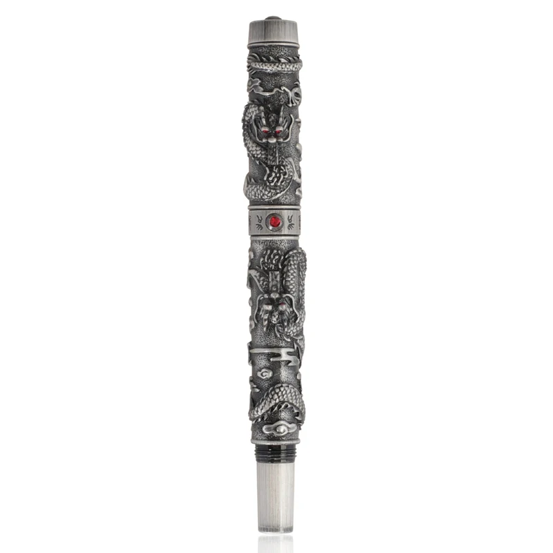 Jinhao Classic Rollerball Pen Double Dragon Playing Pearl Gray Metal Carving Embossing Heavy Writing Ink Pen JR014