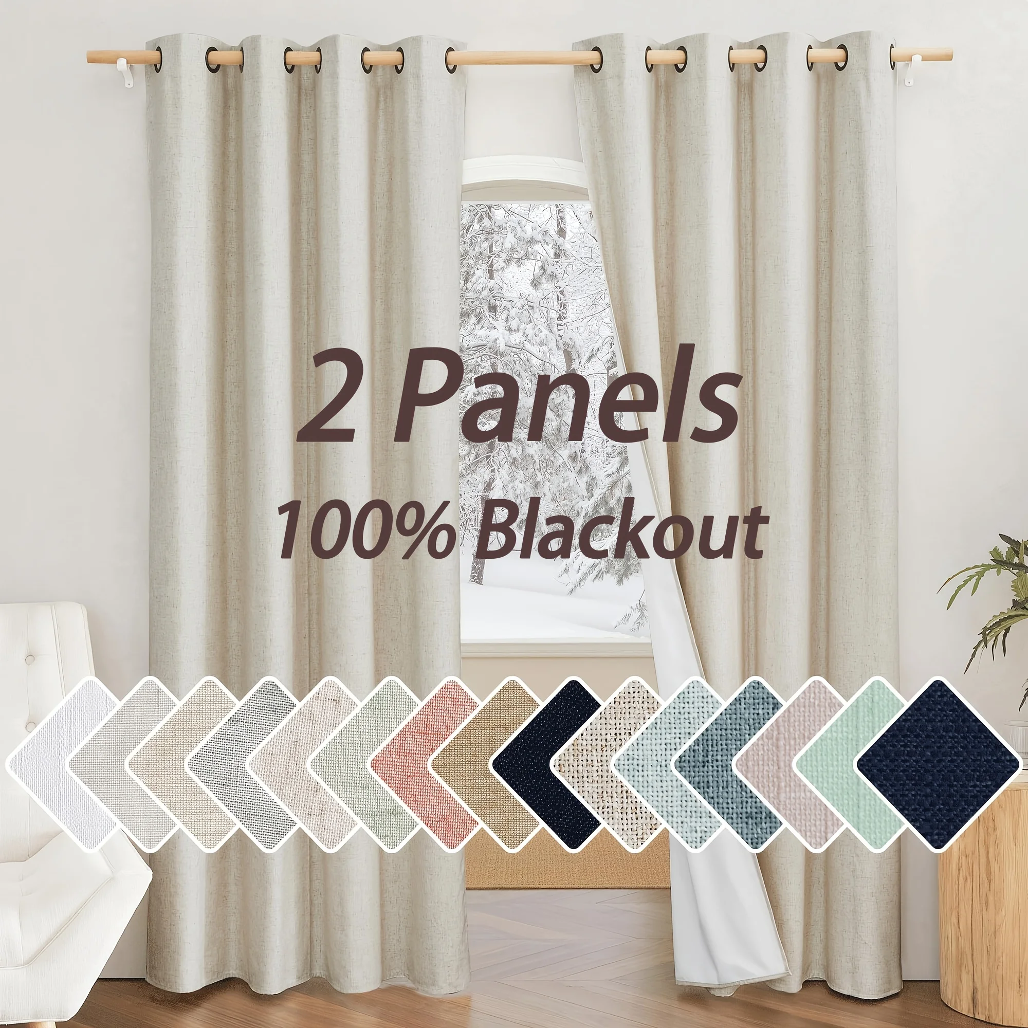 Two Panels of Natural 100% Blackout Linen Curtains for The Living Room, Designed in a Farmhouse Style. These Thick Drapes