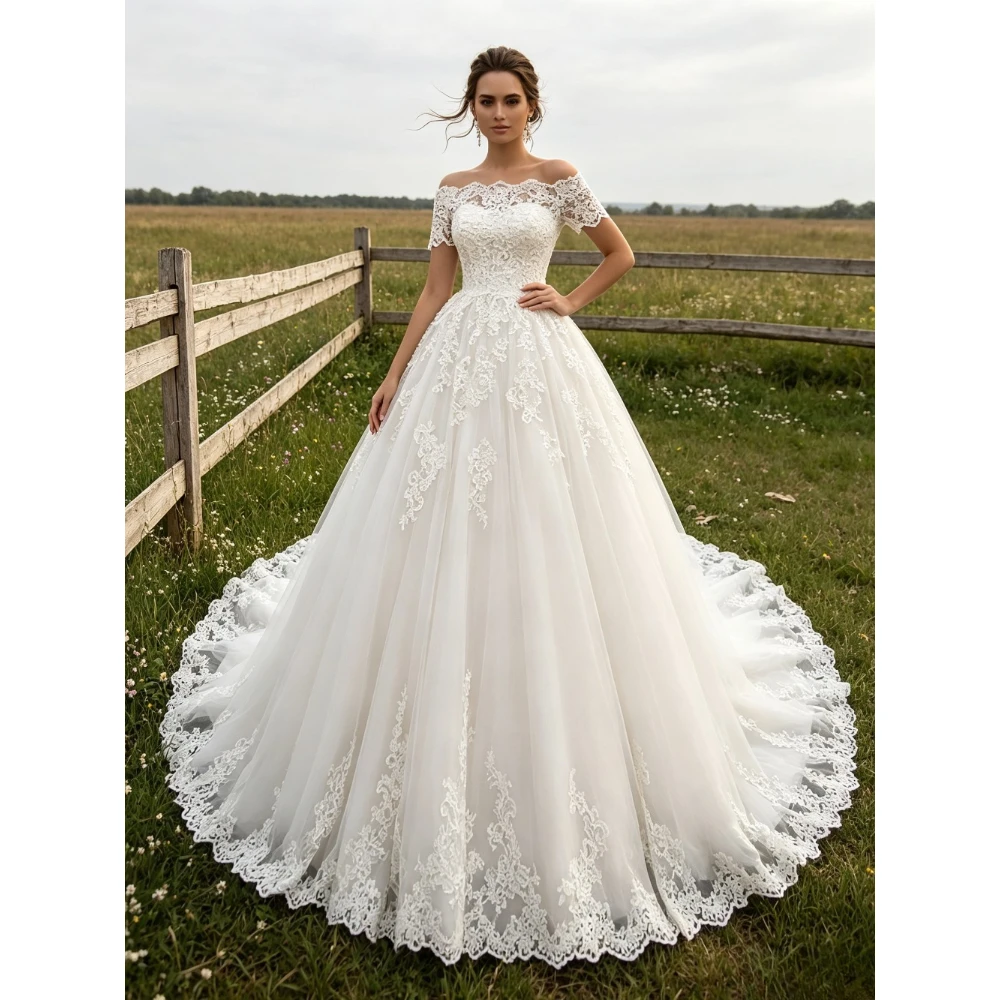 Customized Off Shoulder Evening Gown Wedding Dress Exquisite Lace Decal Short Sleeved Chiffon Trailing Plus Size Bridal Gown