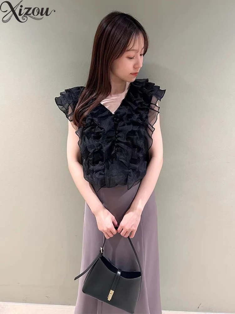 

2025 Summer Japanese Beauty Top V-neck Shirt Mesh Ruffle Edge Flying Sleeve Sleeveless Backless Lace Up Elegant Office Blouse