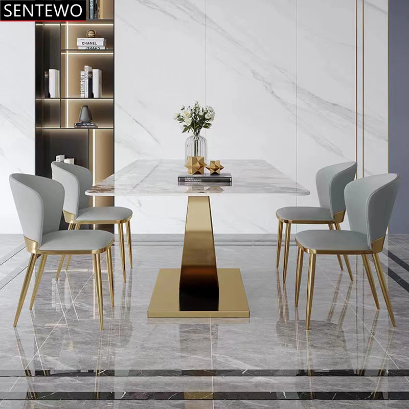 Designer Luxury Marble Rock Slab dining table set 4 chairs mesa de jantar de comedor furniture comedor Stainless steel gold base