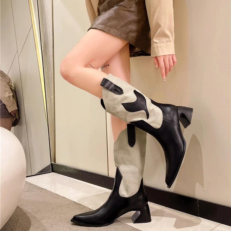 

New Style Women's Retro Pointed Toe Totem Cowboy Boot Strange Heel Mixed Color Thick Sole Autumn Winter Women Boot Western Style