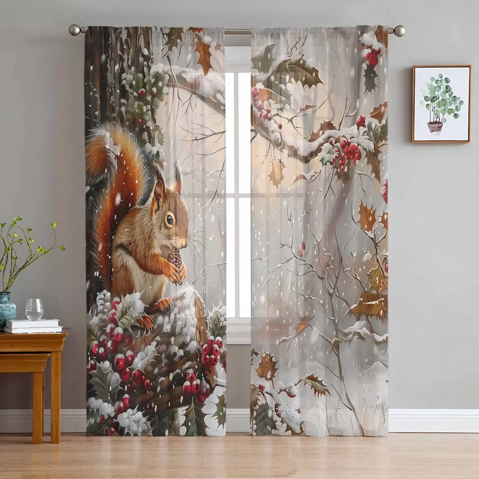 Christmas Squirrel Snowflake Pine Tree Sheer Curtains for Living Room Bedroom Home Hotel Coffee Decor Chiffon Tulle Curtains