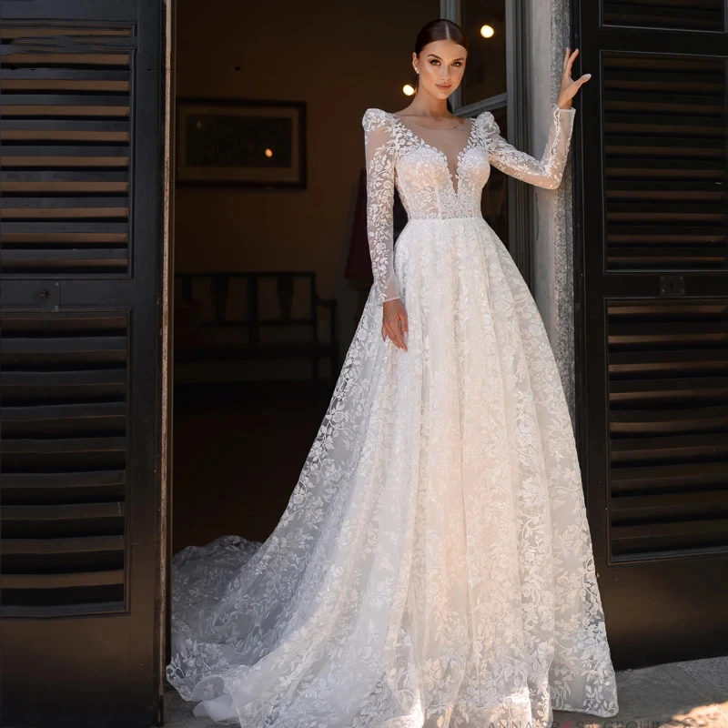 Robe de mariée dos nu à manches longues avec appliques en dentelle, col rond, élégante, princesse, mariée, luxe, balayage au sol