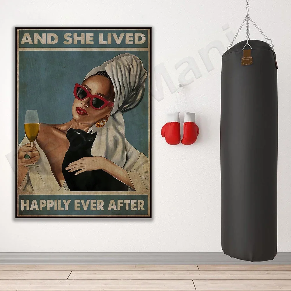 She lived happily ever after poster, cat wine canvas print, love cats poster, love wine poster, cat love gift