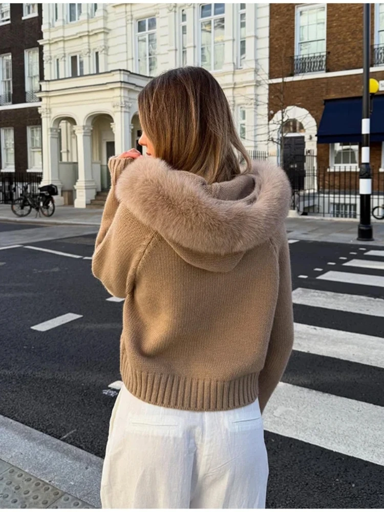 White Faux Fur Hoodies Knitted Women's Cardigan 2025 Winter New Casual Zip-up Warm Black Short Sweater Women Knitwear Streetwear - view 3
