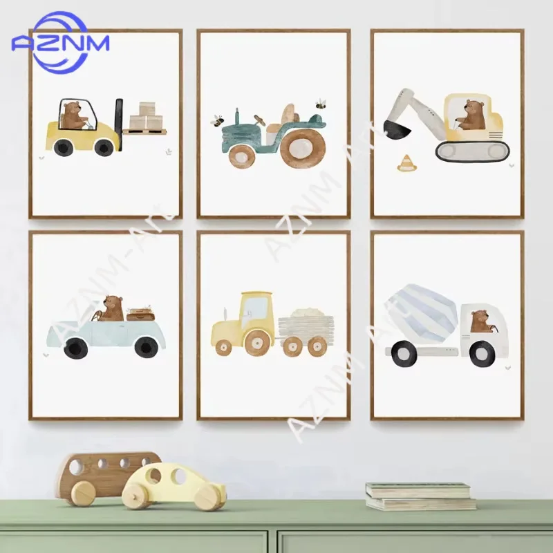 1PC/6PCS Cartoon Bears cars engineering vehicles excavators tractors Nordic children's canvas decoration posters
