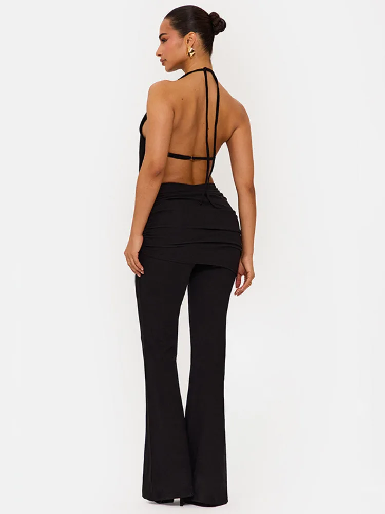 Mozision Seksowny Komplet Damski z Wycięciami: Top typu Halter z Głębokim Dekoltem w Serek i Długie Spodnie, Dopasowany Zestaw, Obcisły Seksowny Komplet Damski