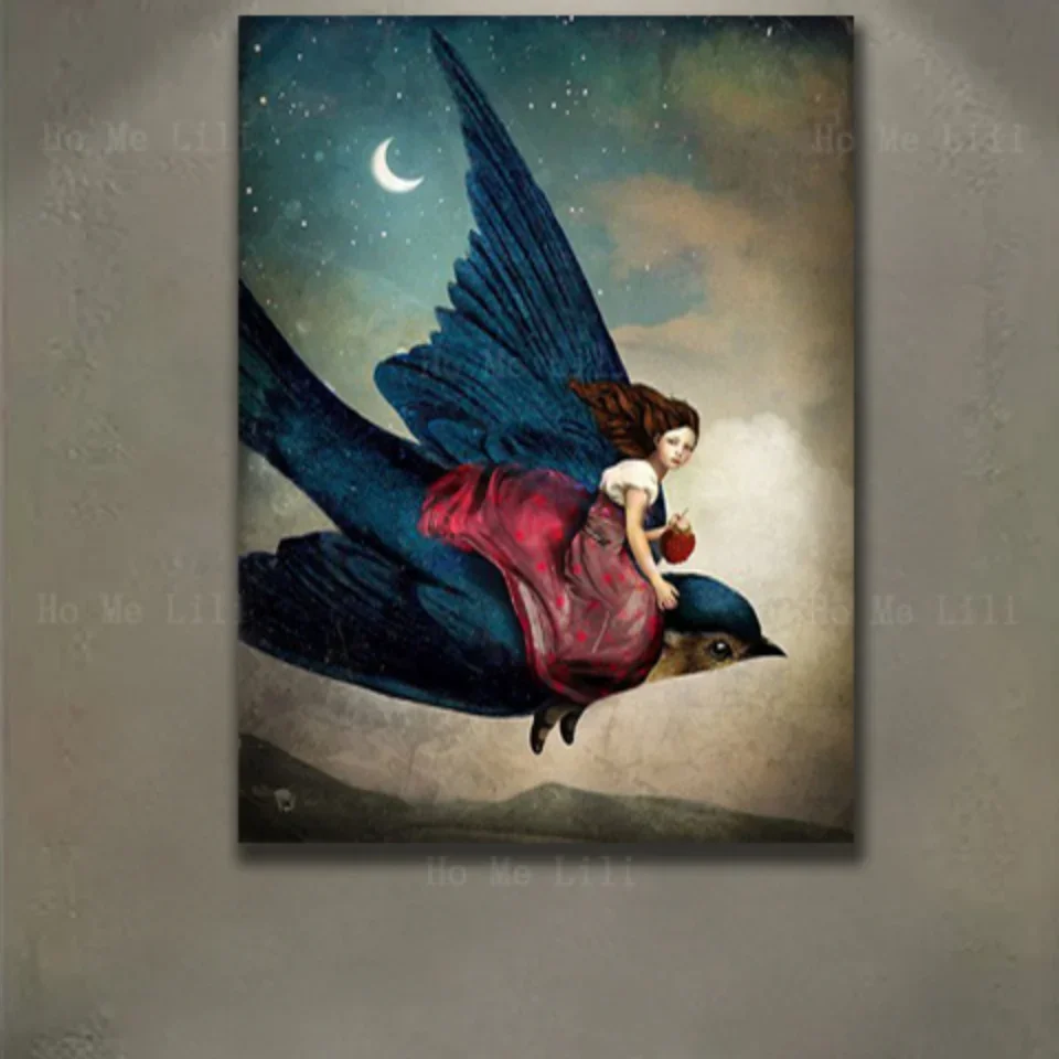 A Girl Flying In The Sky On A Swallow Carries An Fruit In Her Hand Wall Art By Ho Me Lili For Livingroom Decor